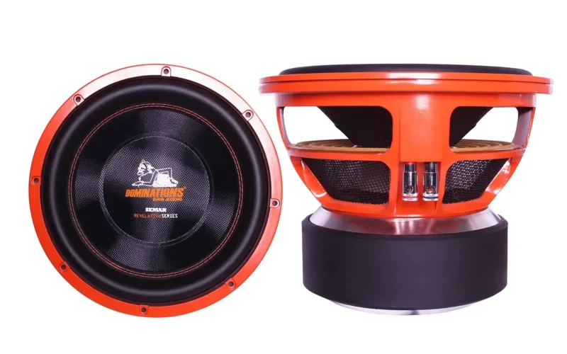 How to measure sub size: front and side view of a 12-inch car subwoofer showing its diameter and mounting depth