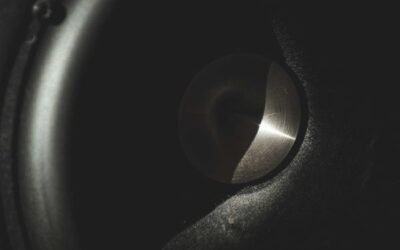 Black subwoofer driver with a rubber surround shown head-on