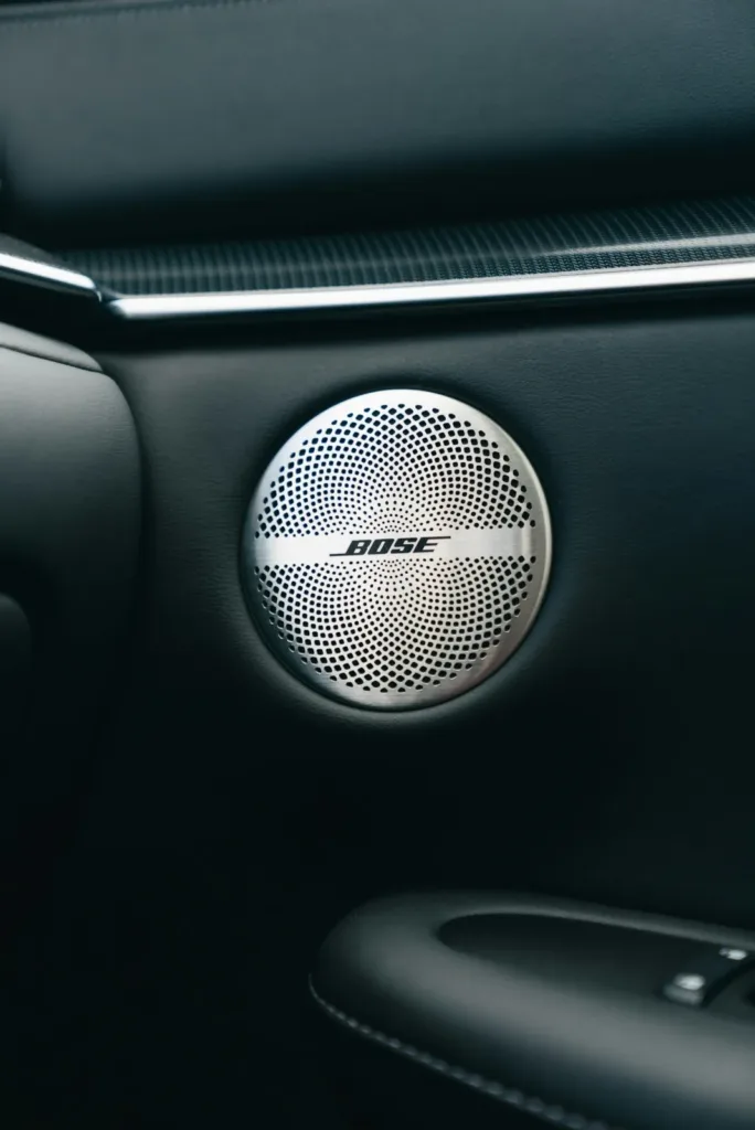 Round metal speaker grille set into a car door panel
