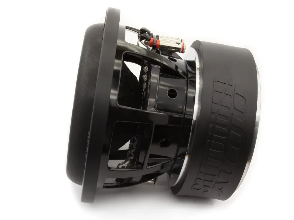 Side profile of a car subwoofer showing the mounting flange, basket and magnet