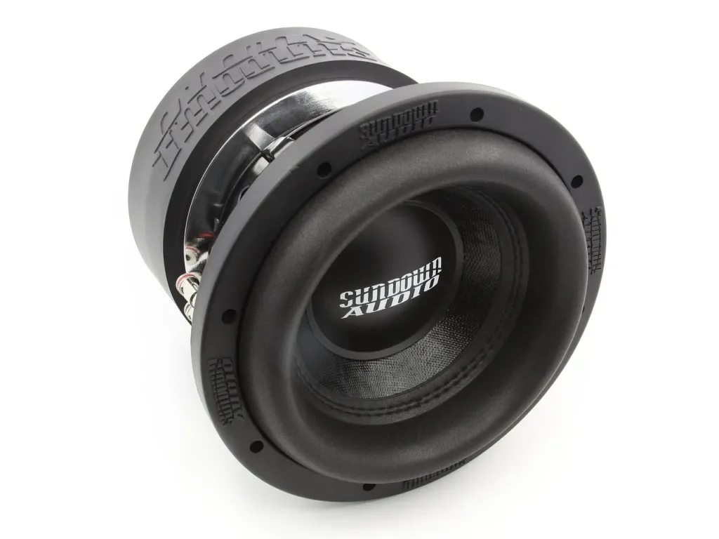 Car subwoofer showing its rubber surround, cone and dust cap