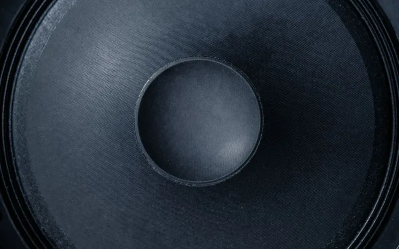 Close-up of a large subwoofer cone for a guide to the best amp for 15 inch subwoofer