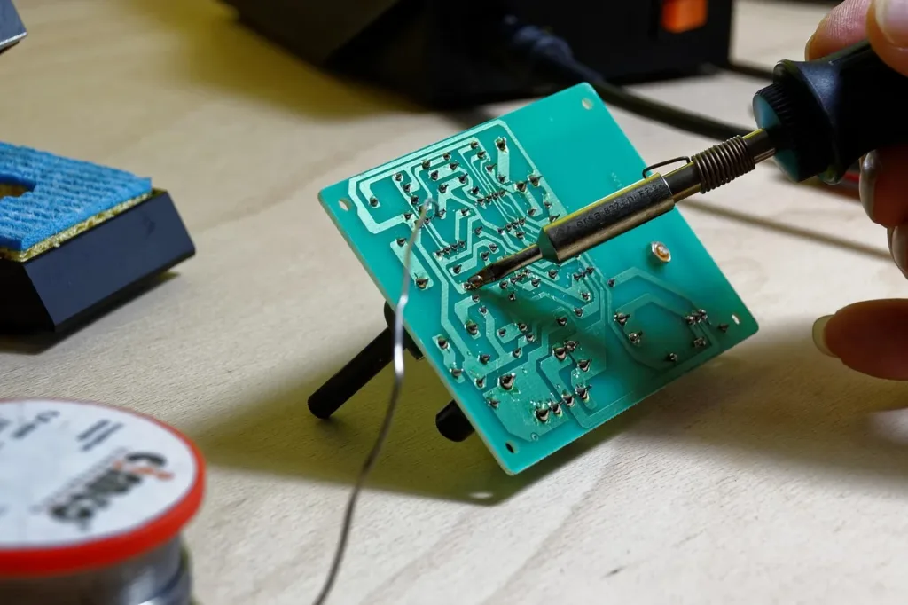Soldering iron reflowing a joint on a green circuit board