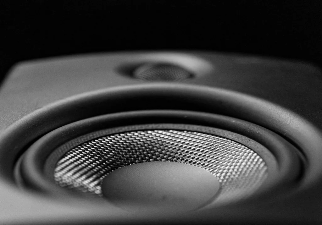 Close-up of a bass speaker cone, dust cap and rubber surround