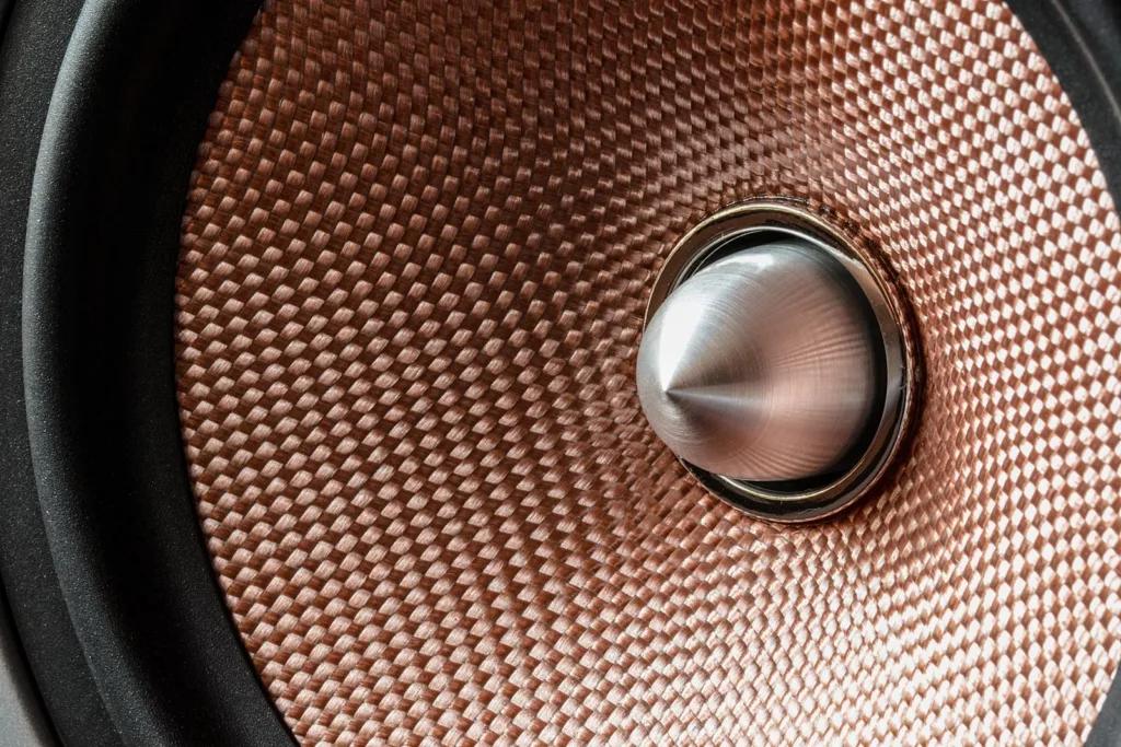 Close-up of a bullet tweeter at the center of a woven speaker cone